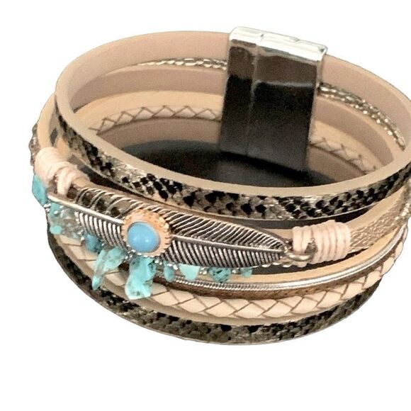 Western Boho Bracelet | Gold Layered Cuff with Faux Turquoise Stones & Feather - Picture 1 of 8